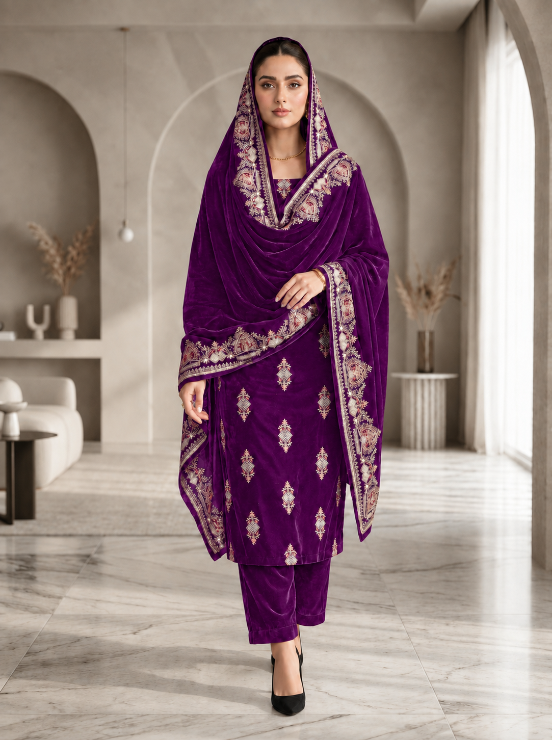 Premium 9000 China Imported Velvet –3 mutif shal & Sequins 3 Piece Unstitched Suit