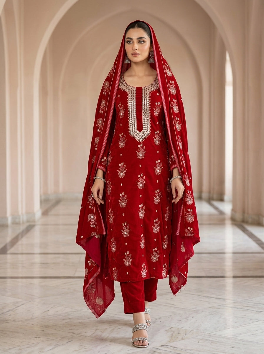 Premium 9000 China Imported Velvet – 9mm Gala & Sequins 3 Piece Unstitched Suit