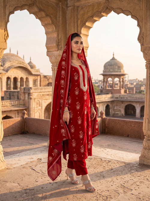Premium 9000 China Imported Velvet – 9mm Gala & Sequins 3 Piece Unstitched Suit