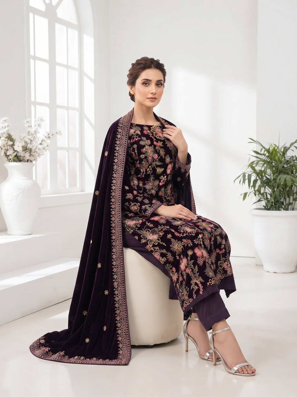 Premium 9000 China Imported Velvet – Bareza Thread & Sequins 3 Piece Unstitched Suit