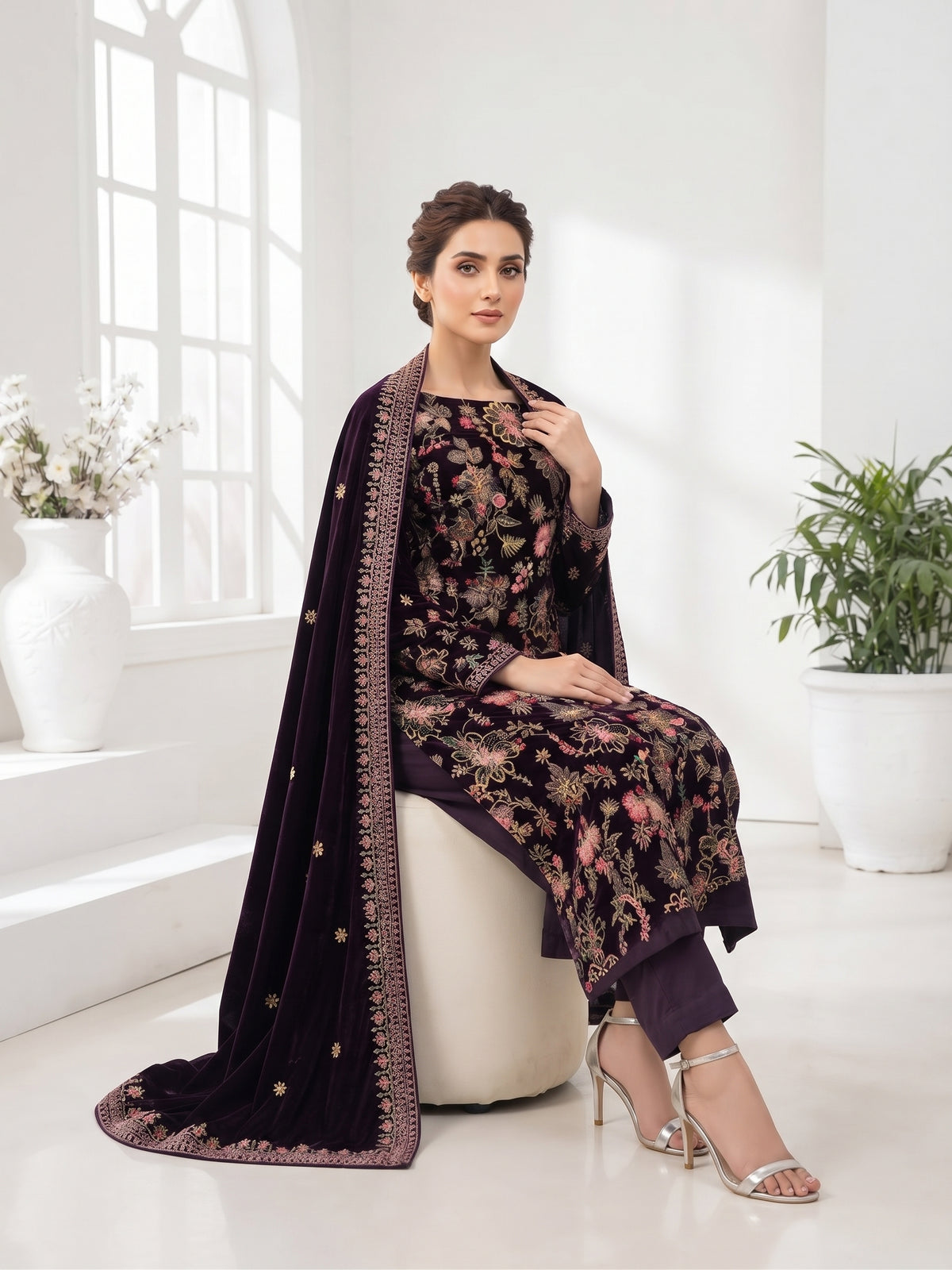 Premium 9000 China Imported Velvet – Bareza Thread & Sequins 3 Piece Unstitched Suit