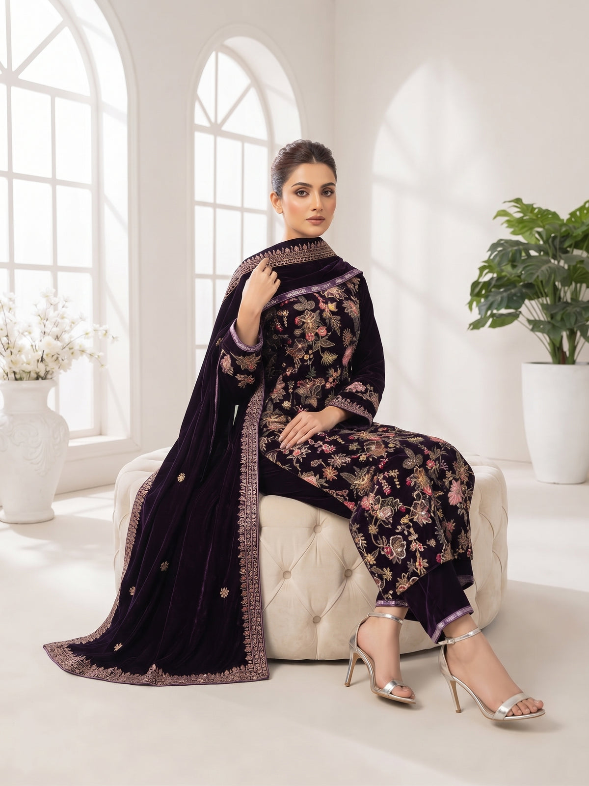 Premium 9000 China Imported Velvet – Bareza Thread & Sequins 3 Piece Unstitched Suit