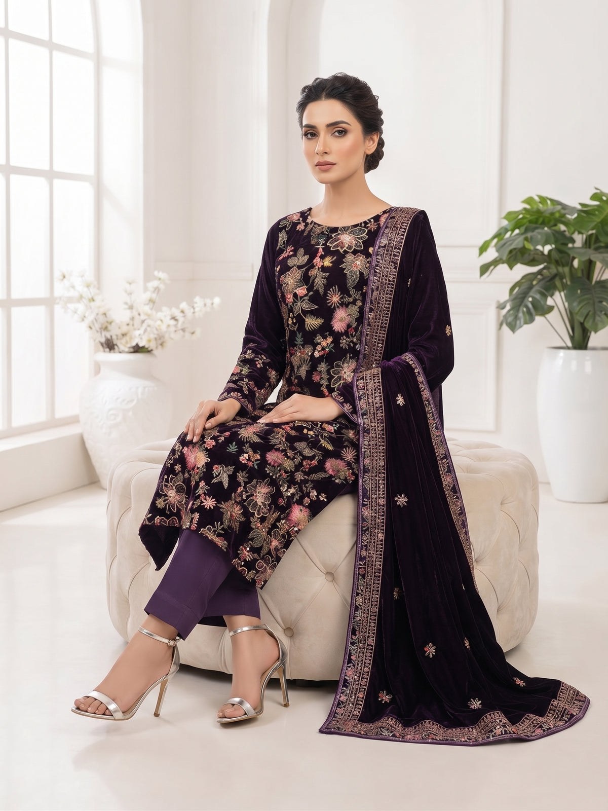 Premium 9000 China Imported Velvet – Bareza Thread & Sequins 3 Piece Unstitched Suit