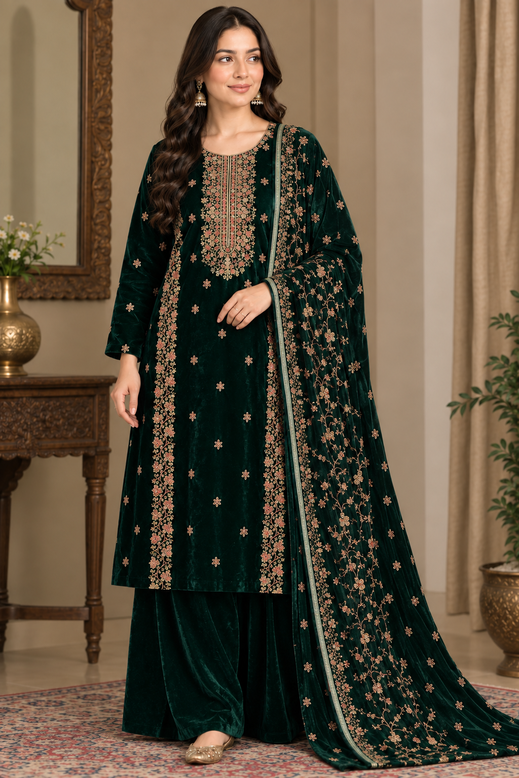 Premium 9000 China Imported Velvet – Royal Gala & Sequins 3 Piece Unstitched Suit