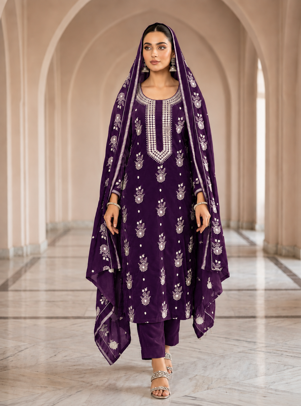 Premium 9000 China Imported Velvet – 9mm Gala & Sequins 3 Piece Unstitched Suit