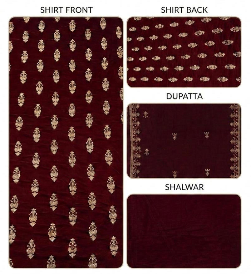 Premium 9000 China Imported Velvet – All Over Thread &amp; Sequins 3 Piece Unstitched Suit