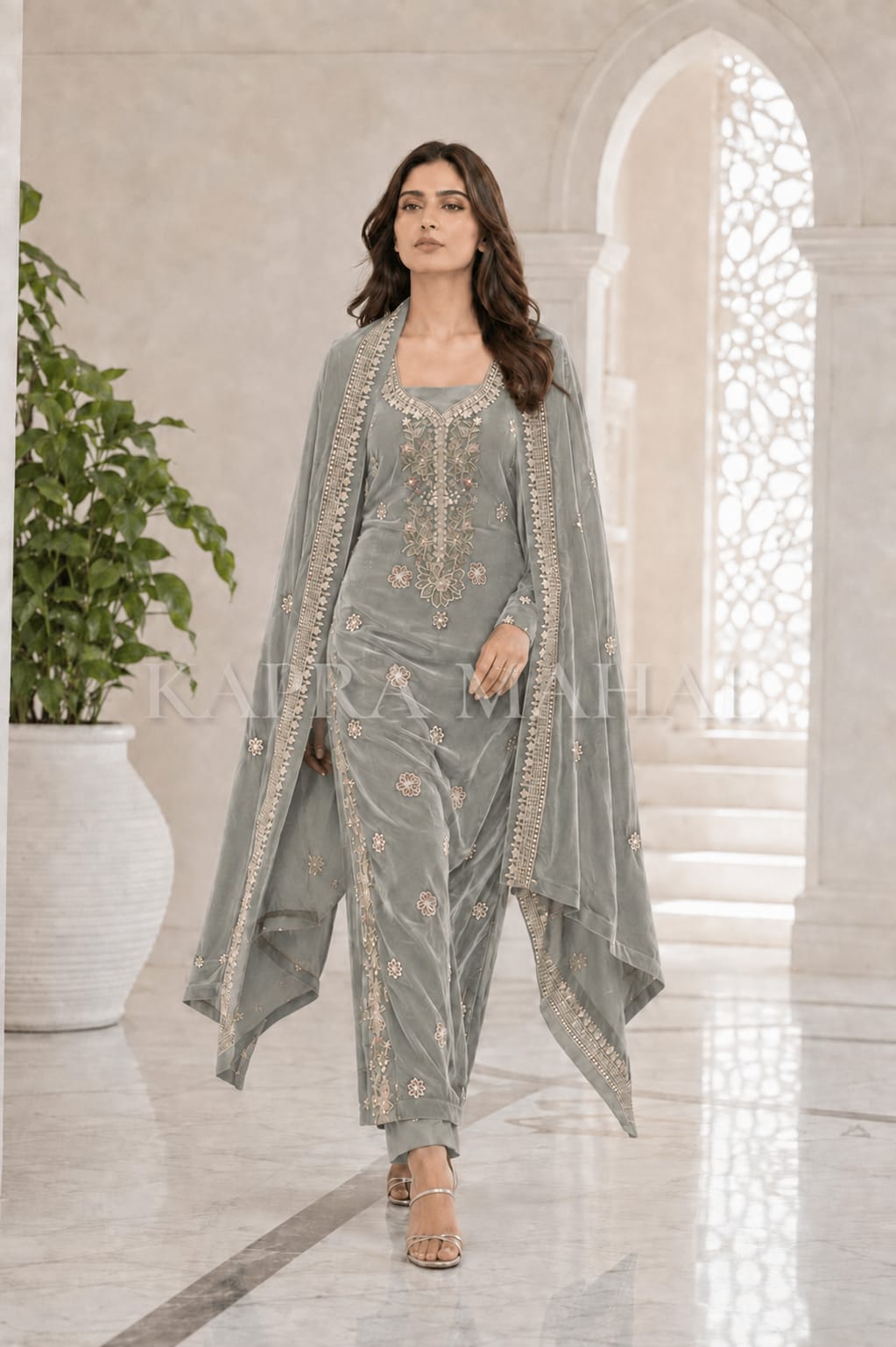 Premium 9000 China Imported Velvet – Multi gala  Thread & Sequins 3 Piece Unstitched Suit